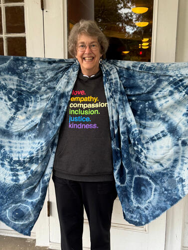Photo of customer with indigo dyed shawl | Giving herself wings